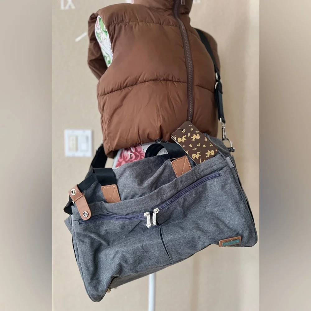 Gray and Tan Baby Bag with Durable Fabric and Urban Design